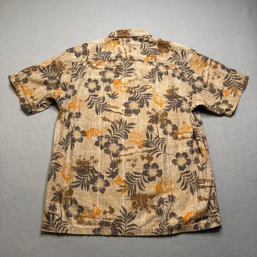Columbia Button Down Shirt Mens L Tan Tropical Marlin Floral Short Sleeve Casual